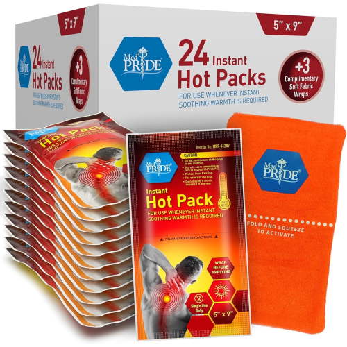 MEDPRIDE Instant Hot Packs Disposable for Pain Relief, Activates Instantly, 5in X 9in (24-Pack), Includes 3 Fabric Wraps