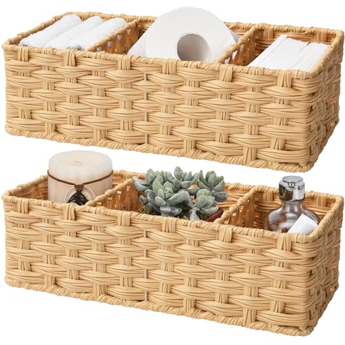 GRANNY SAYS Bathroom Baskets for Organizing, Wicker Basket for Storage, Wicker Baskets for Shelves, Waterproof Back of Toilet Storage Basket, 3 Section Bathroom Organizer Basket, 2-Pack