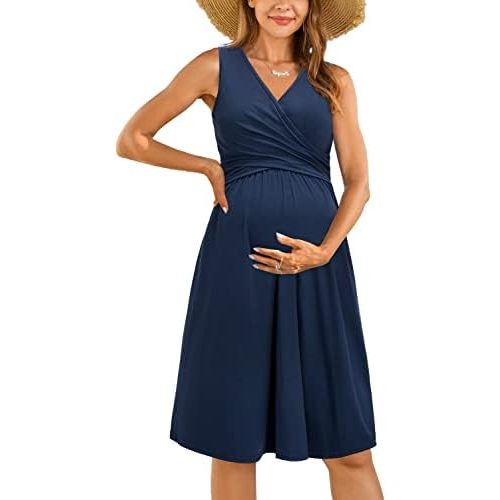 OUGES Womens V-Neck Sleeveless Summer Floral Maternity Dresses Nursing Gown Breastfeeding Dress