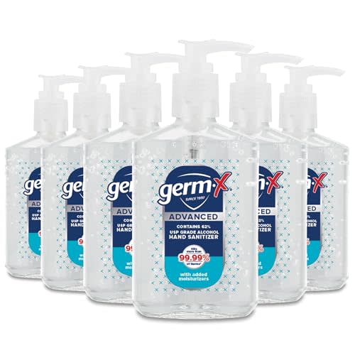 Germ-X Advanced Hand Sanitizer, 8 Fl Oz (Pack of 6), Less Drying Moisturizing Clear Gel, No Rinse Formula, Pump Bottle