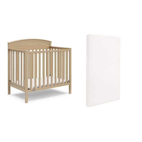 Graco Benton 4-in-1 Convertible Mini Crib with Bonus Crib Mattress – GREENGUARD Gold Certified, 2.75-Inch Mattress Included, Baby Crib Converts to Twin Bed, Ideal for Small Spaces (Driftwood)