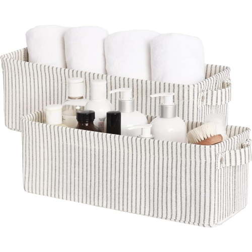 2-Pack Narrow Fabric Storage Bins with Handles, Small Closet and Shelf Organizer Baskets for Toilet Paper, Khaki & Beige Stripes