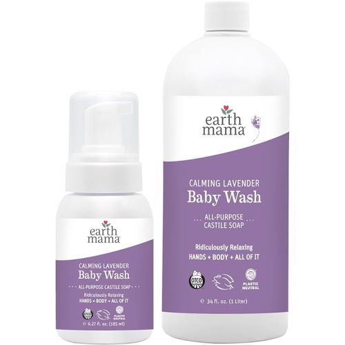 Earth Mama Calming Lavender Baby Wash Liquid Hand Soap Refill, Organic Body Wash for Sensitive Skin, All Purpose Castile Soap Liquid with Coconut Oil, Shea Butter, Calendula & Aloe, 6.27 fl oz & Liter