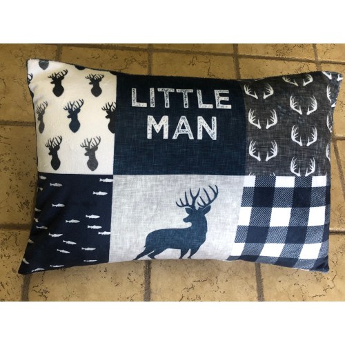 Little man pillow cover, baby toddler pillowcase, blue gray minky, woodland buck deer, new baby gift, antlers, buffalo plaid,lumberjack