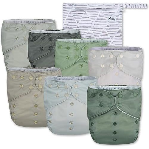 Nora's Nursery Large Pocket Cloth Diaper 7 Pack for Toddlers 35 to 55lbs with 1 Wet Bag - Waterproof Cover, Washable, Reusable & One Size Adjustable - Morning Dew