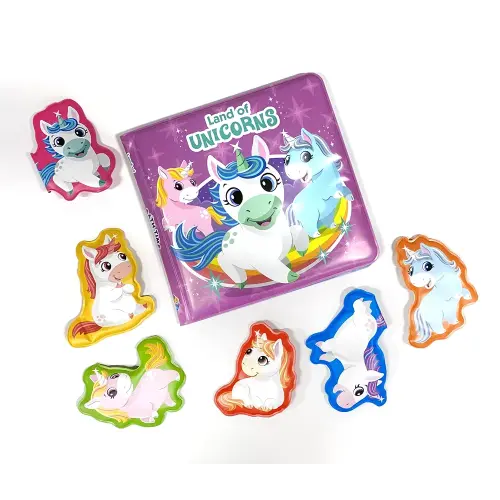 Phidal Land of Unicorns Bath Time Books - Activity Books for kids, Bath book, 6 Padded suction cups, 1 Mesh bag