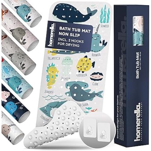 Homerella Baby Bath Tub Mat | Anti Mold Mildew Resistant Non Slip Kids and Adult Bath Tub Shower Mats | 40x16 inch Long with Suction Cups for Secure Grip Hooks for Storage & Drying | Machine Washable