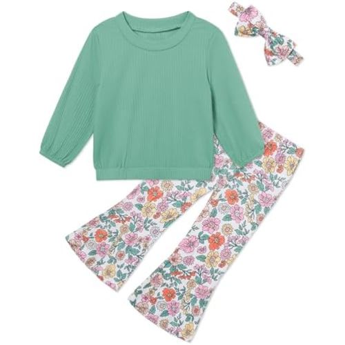 Toddler Girl Clothes Crewneck Long Sleeve Top+Floral Flared Pants Bell Bottom Outfits with Headband 1-6T