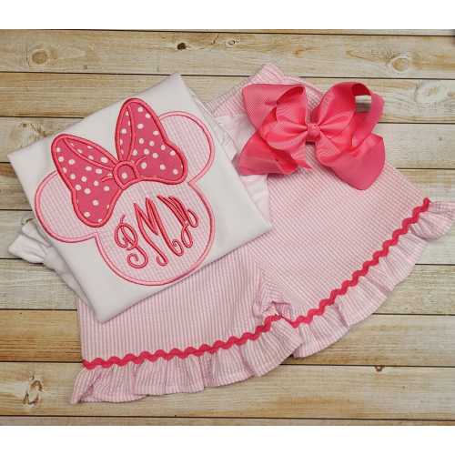 Magical Mouse Ears Seersucker Monogram Shirt, Matching Sibling Sister Ruffled Shorts Outfit, Embroidered Ruffle Shirt, Boutique Vacation Bow