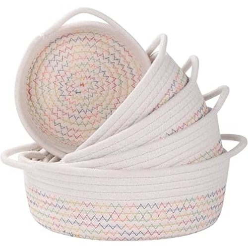 YMhoart Small Storage Woven Baskets Shelves Natural Cotton Rope Bins with Handle Toilet Tank Paper for Countertop Cute Gifts Organizing Mini Nursery 5 Set box (White&colored lines)