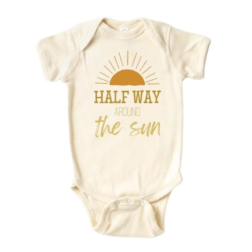 Cute Baby Bodysuit Half Way Around The Sun Half Birthday Shirt Premium Custom Baby Clothes Unisex Baby Announcement Gift for Mom Newborn Outfit (Short Sleeve Natural, 6-9m) - Short Sleeves Natural