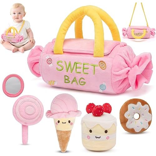 Baby Toys 6-12 Months,My First Candy Bag Plush Toy-5 Sensory dessert Soft Toys with Rattle, Crinkle Paper, Squeaker, Mirror,Busy Montessori Soft Toys for Toddlers,1st Birthday for Babies Girls