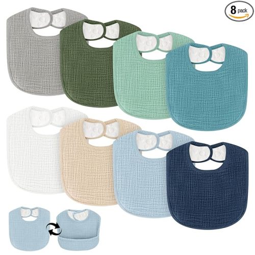 Drool Bibs for Baby Boys & Girls, 8 Pack Muslin Baby Bibs for Drooling and Teething with Hidden Pocket, Soft Cotton, Extra Absorbent, Mess-proof, for Toddler, Newborn, Infant
