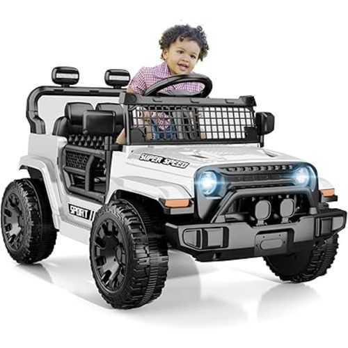 12V Ride on Toys with Parent Remote Control, Toddler Electric Car with Spring Suspension, LED Lights & Music Player - Safe Battery Car for Kids, Easy to Assemble, White
