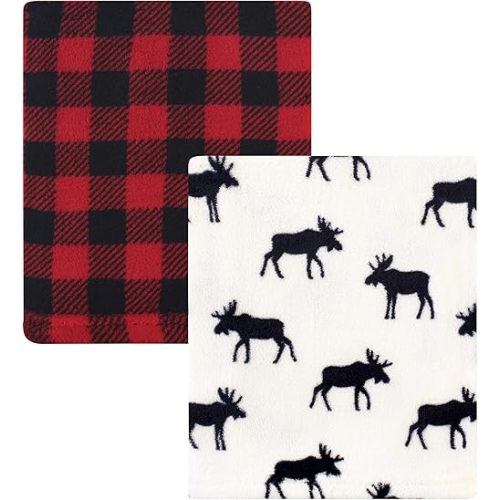 Hudson Baby Unisex Baby Silky Plush and Coral Fleece Blanket, Buffalo Plaid Moose, 30x36 inches