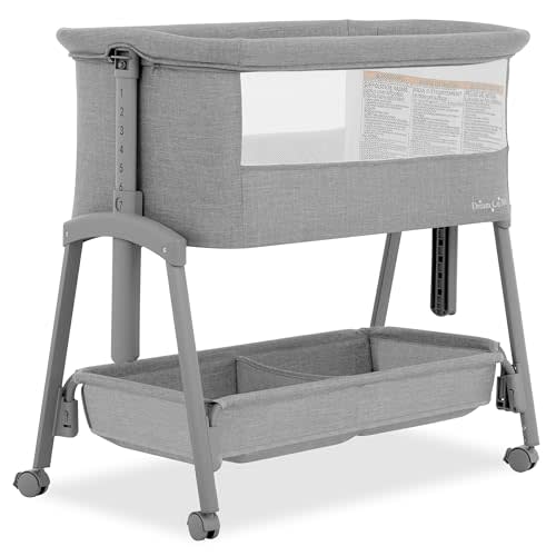 Dream On Me Calypso Portable Bassinet with Wheels, Adjustable Height Bedside Sleeper, Foldable Baby Bassinet with Breathable Mesh Sides, Foam Mattress, Easy Mobility & Travel-Friendly Design - Grey