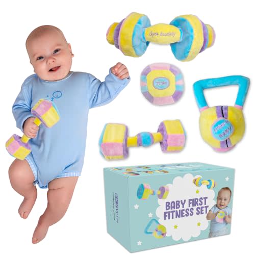 Baby Weights Plush Toy Set, Toys for Infants -  Purple | Includes: Cute Baby Dumbbell, Kettlebell, Barbell, and Medicine Ball, Christmas Gift, Birthday Surprise