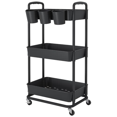 JIUYOTREE 3-Tier Plastic Rolling Storage Cart Utility Cart Black | Utility Cart with Extra Hanging Cups Arc-Shaped Handles Lockable Wheels for Living Room Bathroom Kitchen Office