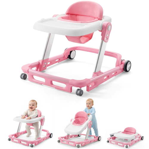 HARPPA Foldable Baby Walker, Anti-Rollover, 6-24 Months, Adjustable Height and Seat, Pink