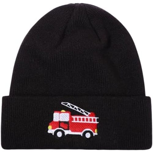 Kids Knit Beanie Cute Fire Trucks Embroidery Warm Cuffed Skull Caps Classic Autumn Winter Hats for Boys Girls 3-8 Years