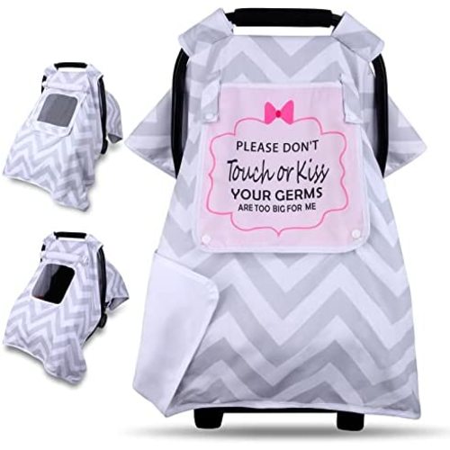Baby Car Seat Covers, Infant Carseat Canopy for Boys Girls, Windproof Carrier Cover with Don't Touch Sign Peep Window & Breathable Mesh, Warm Velvet Stroller Cover for 4 Seasons