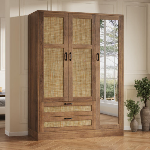 Bay Isle Home™ Armoire Wardrobe Closet With Full Length Mirror, 3 Doors Wardrobe Cabinet With 2 Drawers, Farmhouse Boho Armoire With Hanging Rod For Bedroom & Reviews | Wayfair