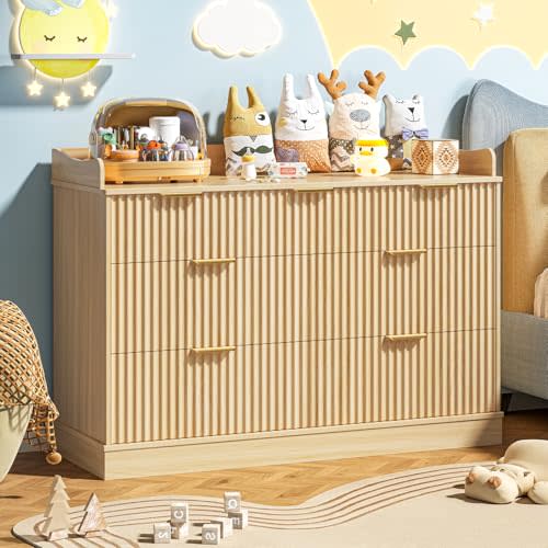 Vabches Nursery Dresser, 7 Drawer Wood Baby Dresser, Fluted Chest with Gold Handles, Safe & Spacious Storage Organizer for Kids Bedroom Nursery Room, Oak