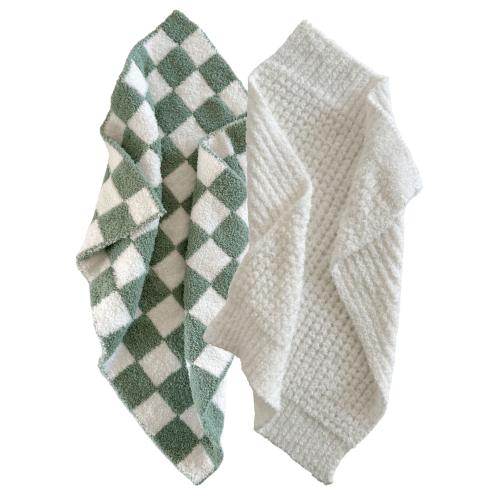 2-Pack Phufy® Bliss Mini Blanket, Sage Checkerboard/White Waffle