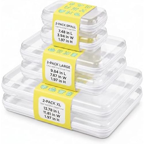 6 Pack Mixed Size White Clear Hard Shell Zipper Case, Diaper Bag Organizer Pouches, Water-Resistant Storage Bins for Board Games, Toys, Cables, Crafts, Toiletries, Travel, 2XL 2L 2S