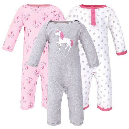 Hudson Baby Infant Girl Cotton Coveralls 3pk, Pink Unicorn