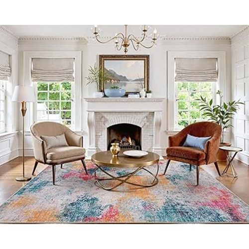 Beeiva Abstract Large Carpet for Living Room 8x10, Modern Washable Non Slip Area Rugs, Ultra Thin Foldable Lightweight Low Pile Rug for Dining Room Bedroom Playroom Office - Ivory Blue