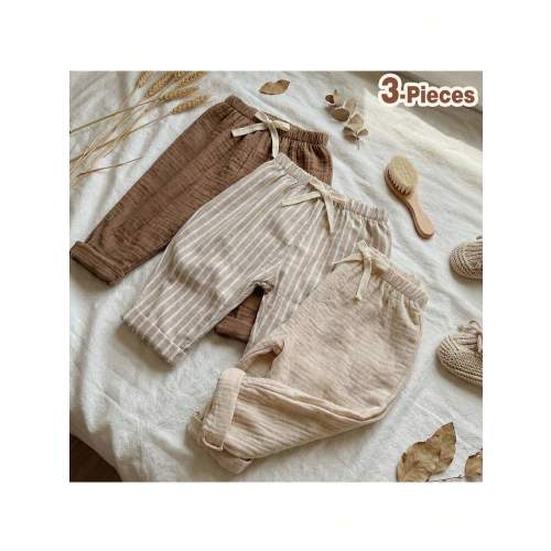 Loomiva 3pcs Baby Boys/Girls Elastic Waist Pants Set With Decorative Ribbon, Versatile & Comfortable For Outings, Street Style, Home, Party | SHEIN USA