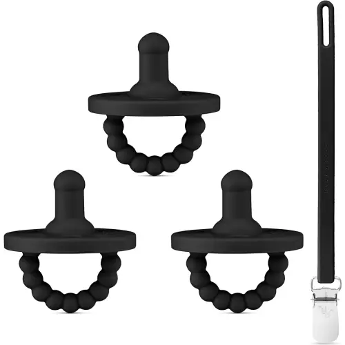 Ryan & Rose Cutie PAT Pacifier Teether 3 Pack and Flex Clip (Stage 1, Black)