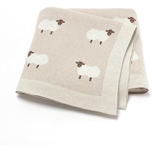 Hadetoto 100% Cotton Baby Blanket Knit Soft Cozy Swaddle Receiving Blankets Toddler Infant Blanket with Lovely Sheeps for Newborn Boy Girls - Khaki, 90 x 70cm