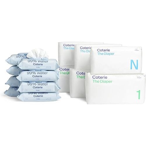 Coterie Baby Diapers + Wipes Baby Kit, Size 1 (99 Count) Size Newborn (93 Count) 8 Wipe Packs (448 Count) Made with Plant-Based Fibers, Hypoallergenic, Designed for Sensitive Skin, Clean Ingredients