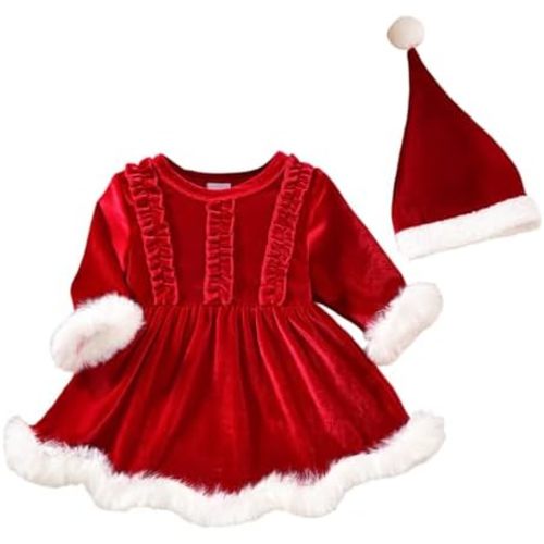 Baby Girl Christmas Outfit Santa Romper Dress Long Sleeve Red Velvet Princess Dresses Christmas Party Dress