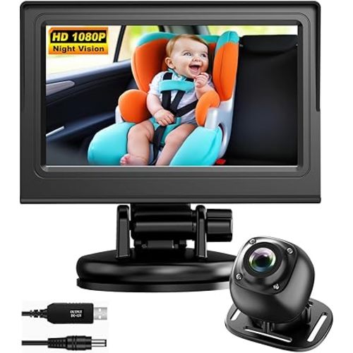 USB Baby Car Camera Plug-Play，4.3" HD Night Vision Function Car Mirror Display，360 Rotation Rear Facing Baby Monitor with Camera Night Vision，Wide Clear View，Easily Observe The Baby's Move，Dark Black