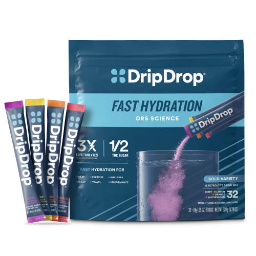 DripDrop Electrolyte Powder Dehydration Relief, Watermelon, Berry, Orange, Lemon, 32 count