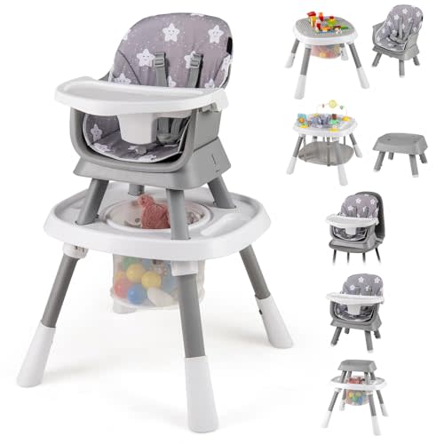 HONEY JOY 16-in-1 Baby High Chair, Convertible Highchair for Babies and Toddlers/Booster Seat/Activity Center with Toys, Building Block Table & Stool, Safety Harness, Removable Cushion & Tray (Gray)
