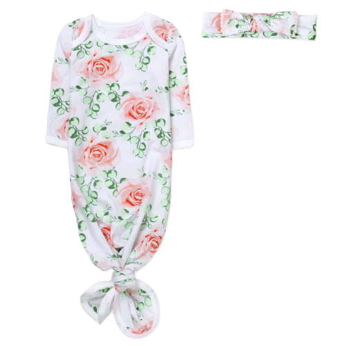 Baby Essentials Long Sleeve Knotted Patterned Sleeping Gown with Matching Headband for Newborn Infants 0 - 6 Months for Sleep, Cuddling, Swaddling and Lounge in White Roses