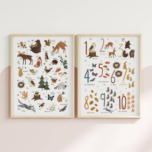 Woodland Animals Nursery Art: Alphabet & Numbers Posters Set
