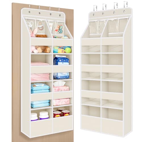 Univivi 5-Shelf Fabric Baby Door Storage Over Door Hanging Organizer with 8 Deep Pockets and 4 Small PVC Pockets Wall Mount Hanging Storage Organizers for Baby Essential (Beige)