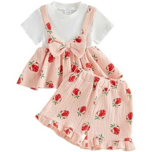 Toddler Baby Girl Summer Clothes Cute Cotton Linen Outfits Bow Short Sleeve Shirts Tops + Ruffle Shorts 2 Piece Set