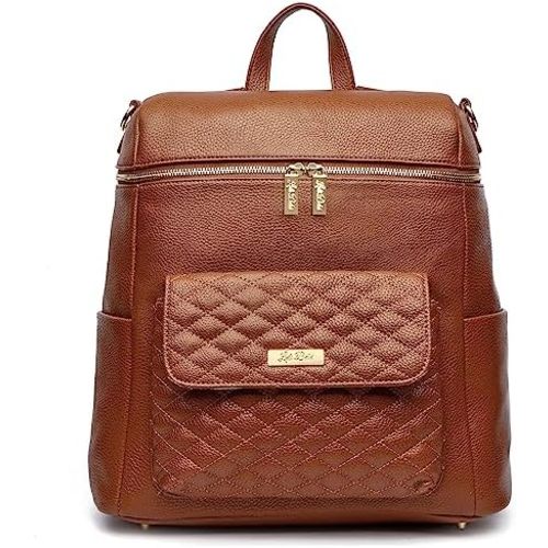 Monaco Large Diaper Bag Backpack by Luli Bebe - Designer Modern Vegan Leather Stylish Baby Backpack Diaper Bag for Mom, Multipurpose, Roomy, with Changing Pad (Caramel Brown)