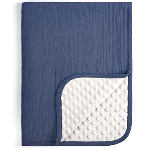 lulumoon Baby Blankets for Newborn: Reversible Muslin & Minky Dotted Backing - Thermal Receiving Blanket for Stroller & Registry Gift 30"x40"(Blue)