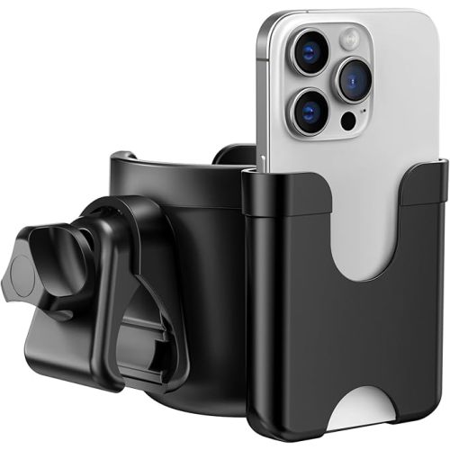 Guiseapue Stroller Cup Holder with Phone Holder: Universal Cup Holder for Walker, Wheelchair, Bike, Golf/Stroller Accessories for Uppababy, Nuna, Doona, Rollator, Golf Cart, Scooter, Black