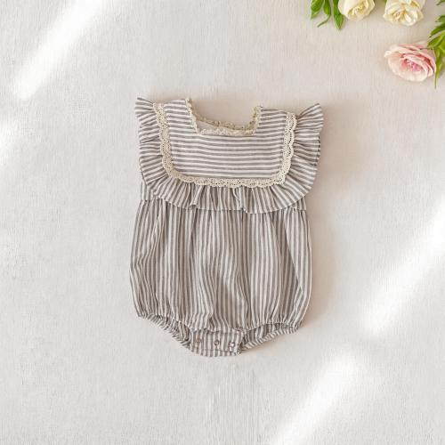 Vintage-Inspired Striped Baby Romper: Cotton Linen Lace Trim