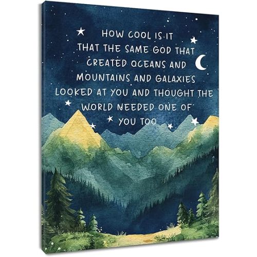 EOBTAIN Positive Affirmations Wall Decor for Nursery Cute Cartoon Mountain Forest with Moon Stars Canvas Prints Wall Art Inspirational Quotes God Say Artwork for Bedroom Bathroom 16x20 Inches