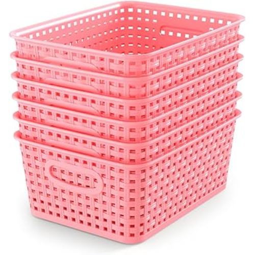 WYT 6-Pack Plastic Small Shelf Storage Weave Baskets Organizing for Cabinets and Pantries, Pink
