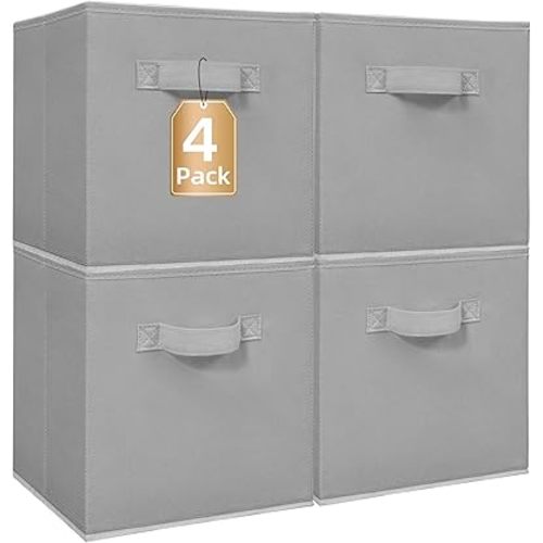 STORAGE MANIAC Storage Cubes, 11 Inch Collapsible Storage Bins with Handles, 4 Pack Fabric Foldable Bins for Organization, Durable Storage Bins for Closet, Shelves, Offices, 4-Pack Grey